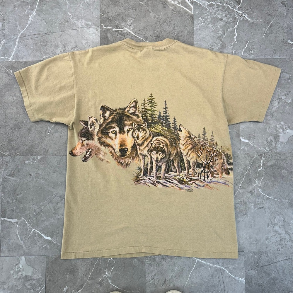 90s Vintage Wolf Graphic Tee Mens Large Double Sided Wrap AOP Nature Animals - Picture 2 of 13